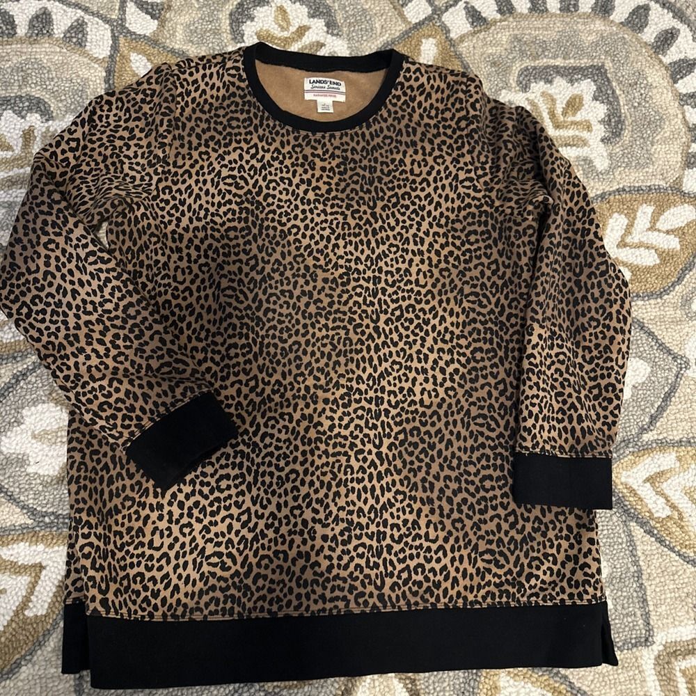 Womens Lands End Serious Sweats Sweatshirt Sz Large 14-16 - Leopard Cheetah - Picture 3 of 4